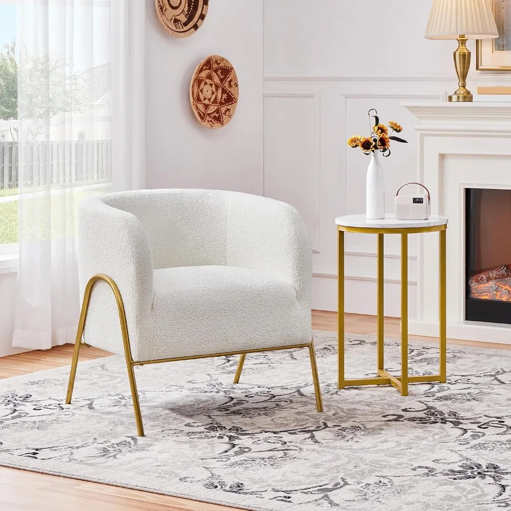 

Modern Accent Chair, Cozy Fuzzy Barrel Chair, Boucle Fabric Vanity Chair w/Golden Legs for Living Room, Armchair for Bedroom