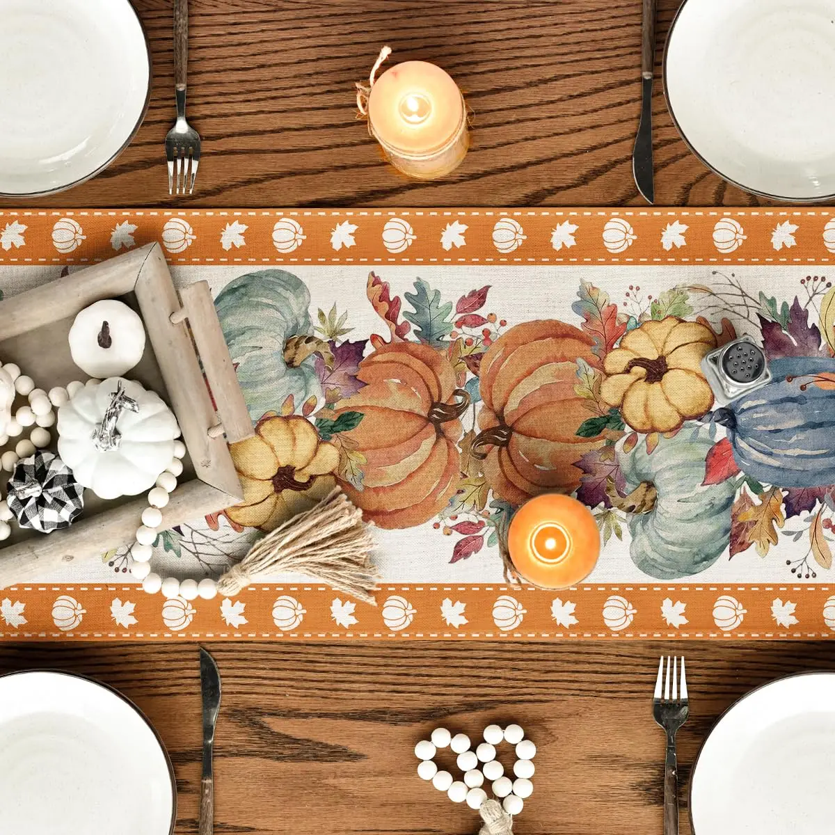 Fall Table Runner Home Party Decor Watercolor Pumpkin Leaves, Seasonal Kitchen Dining Table Decoration 4