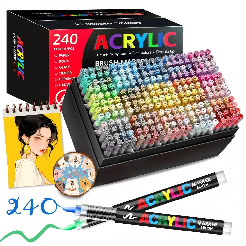 

12-366 Colors Acrylic Paint Pen Markers Acrylic Felts Brush Tip Paint Markers For Wood Rock Painting Canvas Gift DIY Crafts