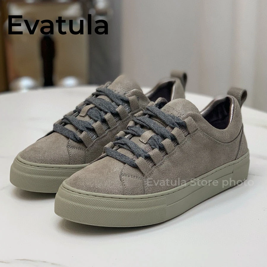 2023 autunno punta tonda in pelle scamosciata di mucca stringate scarpe con plateau piatto per le donne Sneakers con perline a corda scarpe da