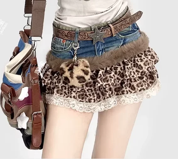 Vrouwelijke zomer Amerikaanse retro Y2k sexy cake luipaardprint rok mode persoonlijkheid lage taille kant splitsen vrije tijd denim rokken