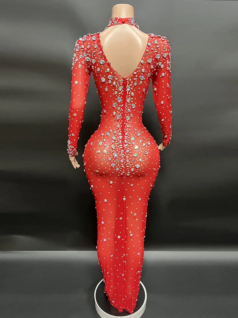 Customized New Long Sleeve Gloves Mesh High Elastic Sequins Sexy Tight jumpsuit Birthday Party Long Dress Performance Dress