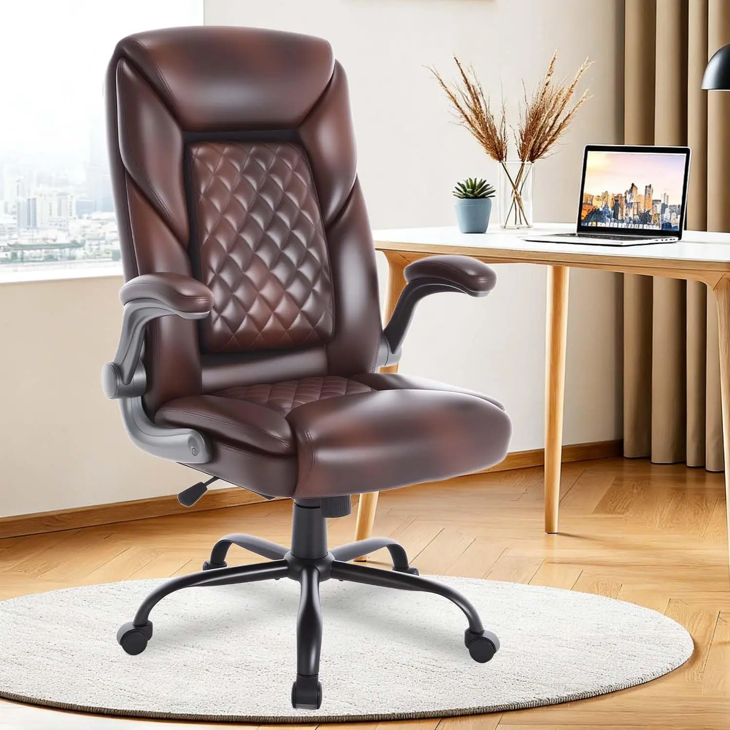 

Brown Leather Office Chair with Lumbar Support Flip up Arms Height Adjustable Ergonomic Rocking Desk Chair with, Customized