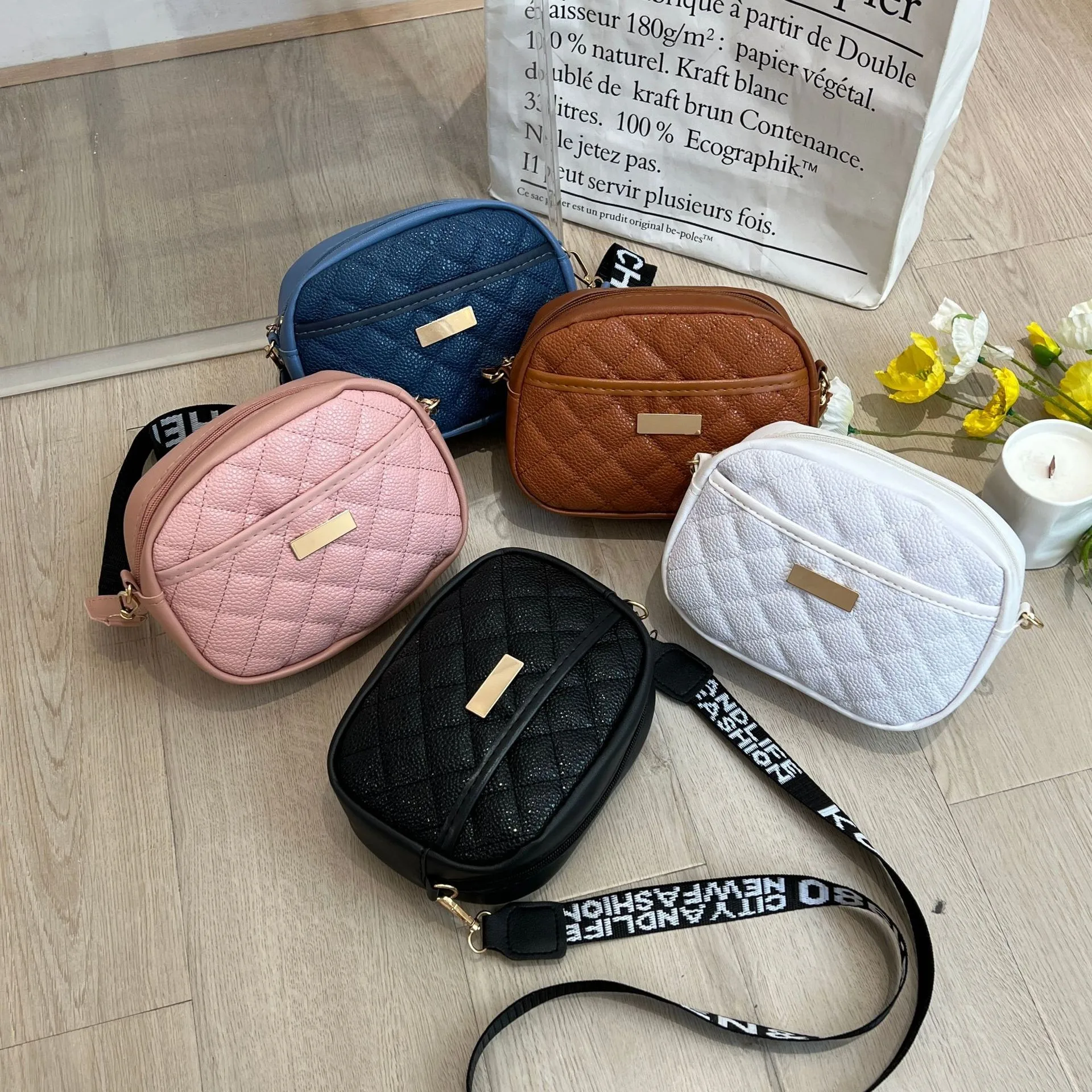 

Small PU Leather Fashion CrossBody Bags Zipper Thread Shoulder Bags for Women High Quality Litchi Rhombic Half Round Mobile Bag