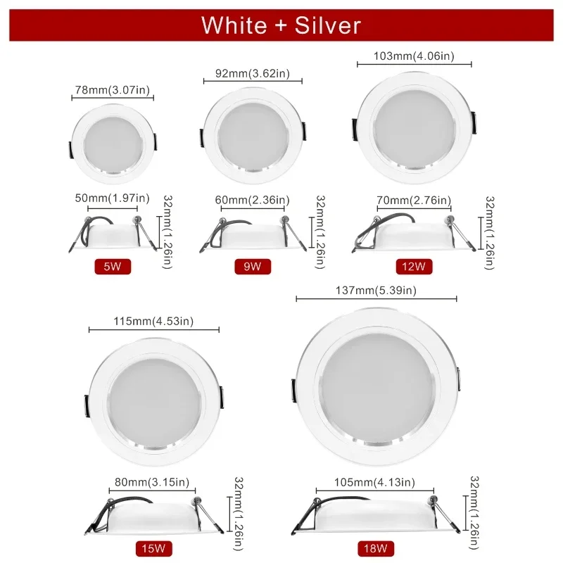 10pcs/lot Led Downlight 12V 24V 110V 220V 5W 9W 12W 15W 18W Recessed Ceiling Light 3/4/5 inch Round Panel Down Light Spotlight