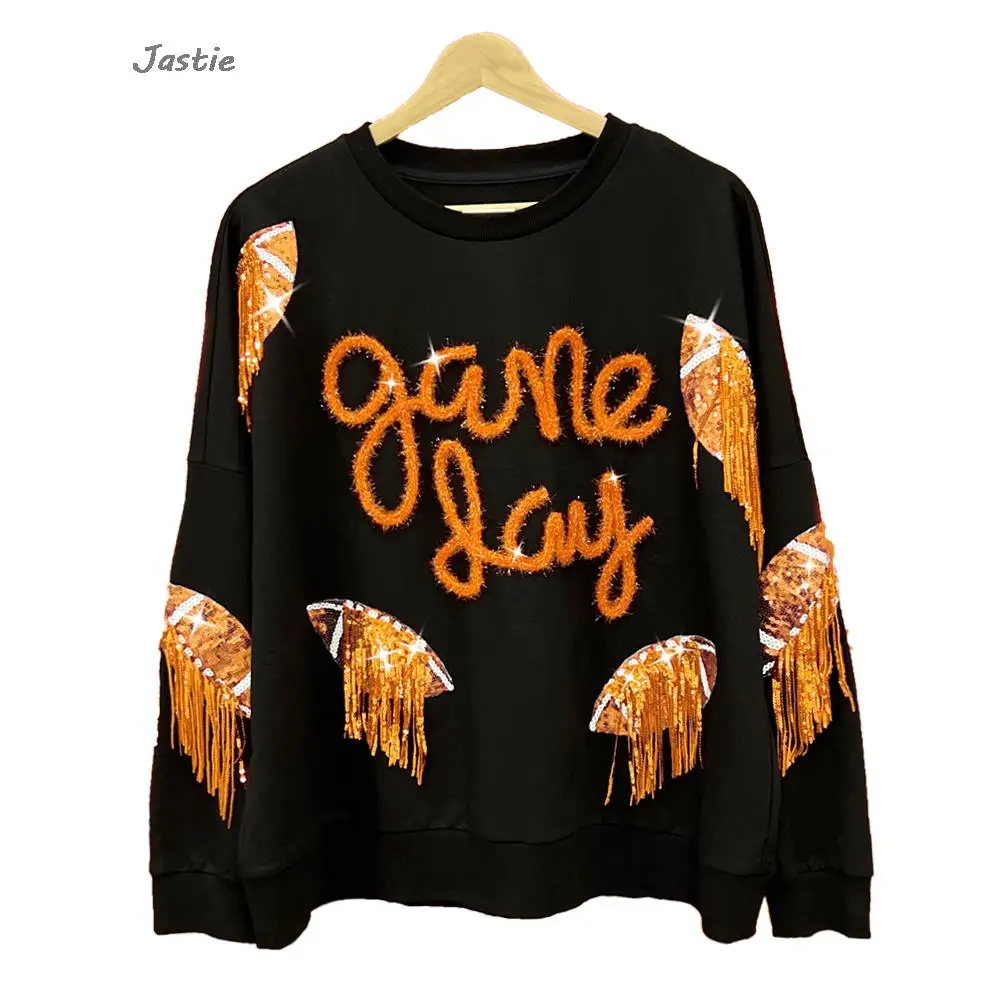 2024 New Tassel Sequin Sweatshirt For Women Long-sleeve Loose Woolen Letters Round Neck Pullover Top