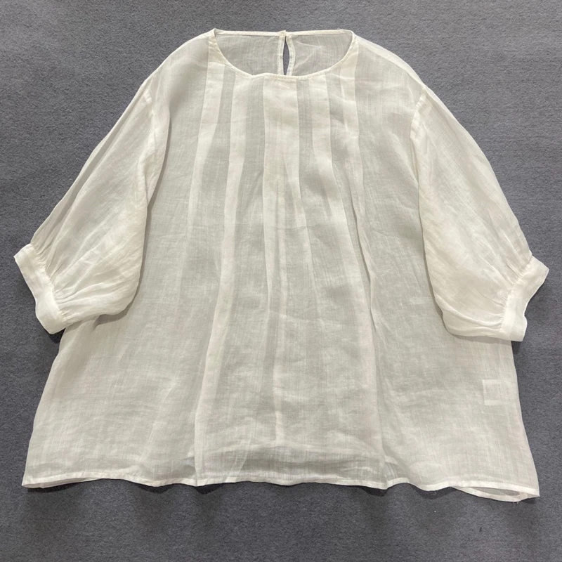 Johnature New Thin Solid Color Linen All Match Shirts For Women 2024 Summer O-neck Loose All Match Female Vintage Blouses