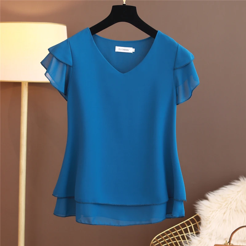 Fashion Brand Spring Summer Short-sleeved V-neck Chiffon Shirt Tops Large Size Loose and Thin Women Casual Shirts Shirts Blouses