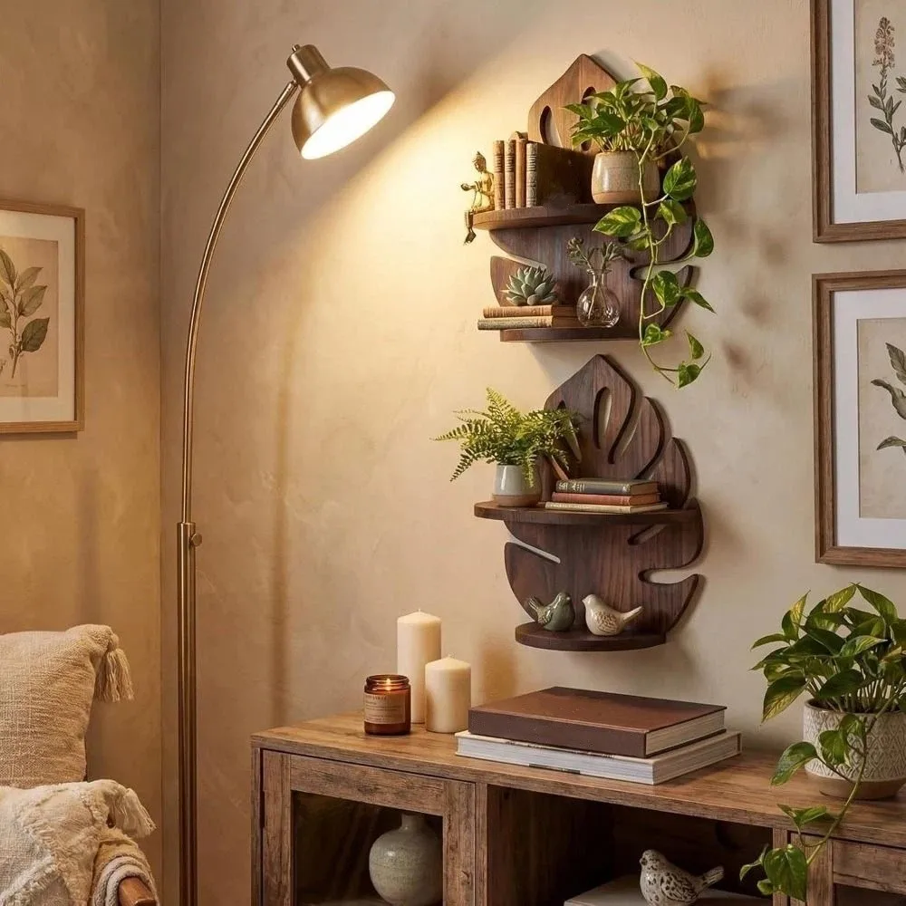 Creative Wall Mounted Wooden Monstera Shelf Decorative Natural Wood Finish Wood Display Shelf Rustic Potted Plant Shelf for Home