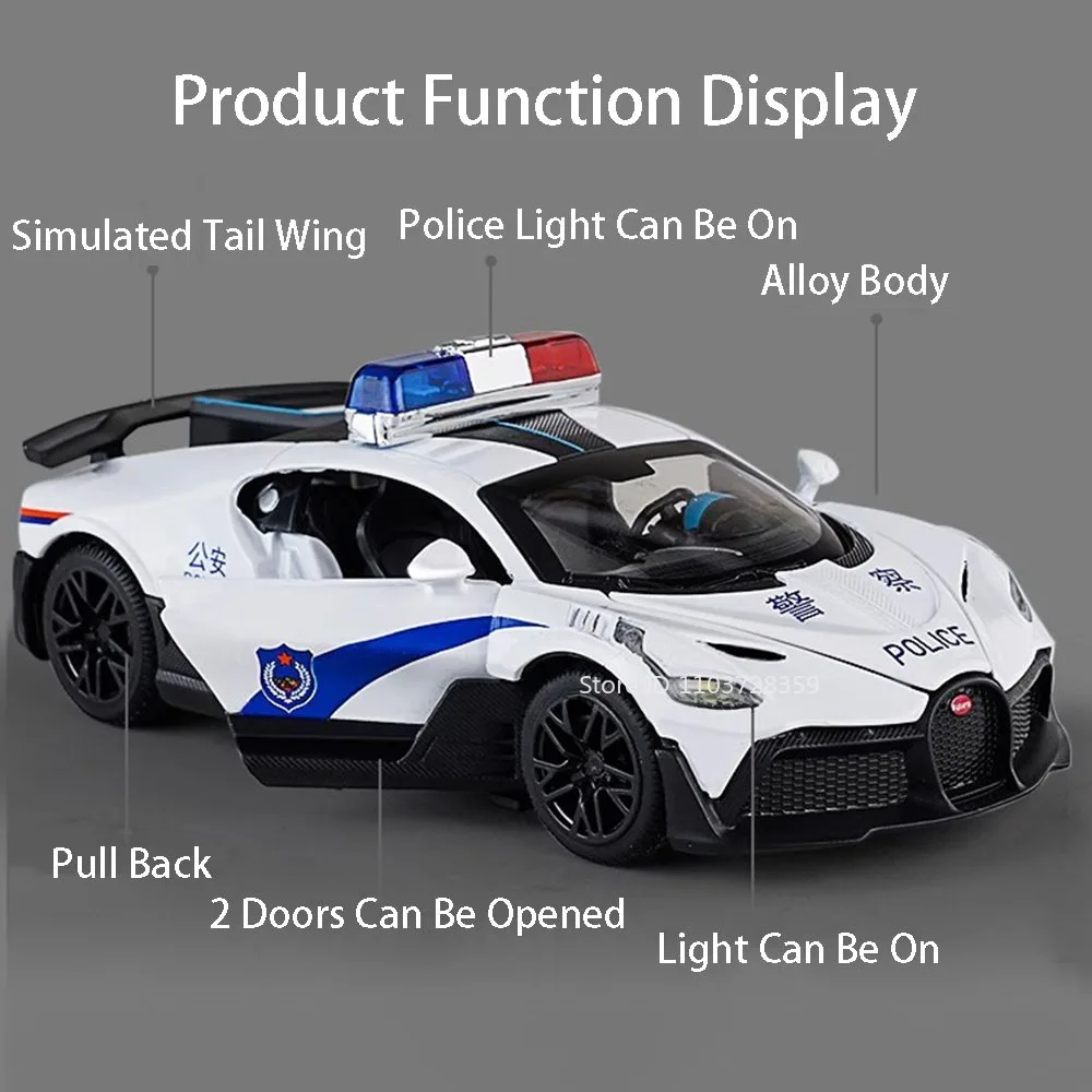 Modelo de coche de policía DIVO 1:32, juguetes en miniatura, coches deportivos fundidos a presión de aleación, puertas abiertas, luz de sonido, Mini supercares, regalos para niños