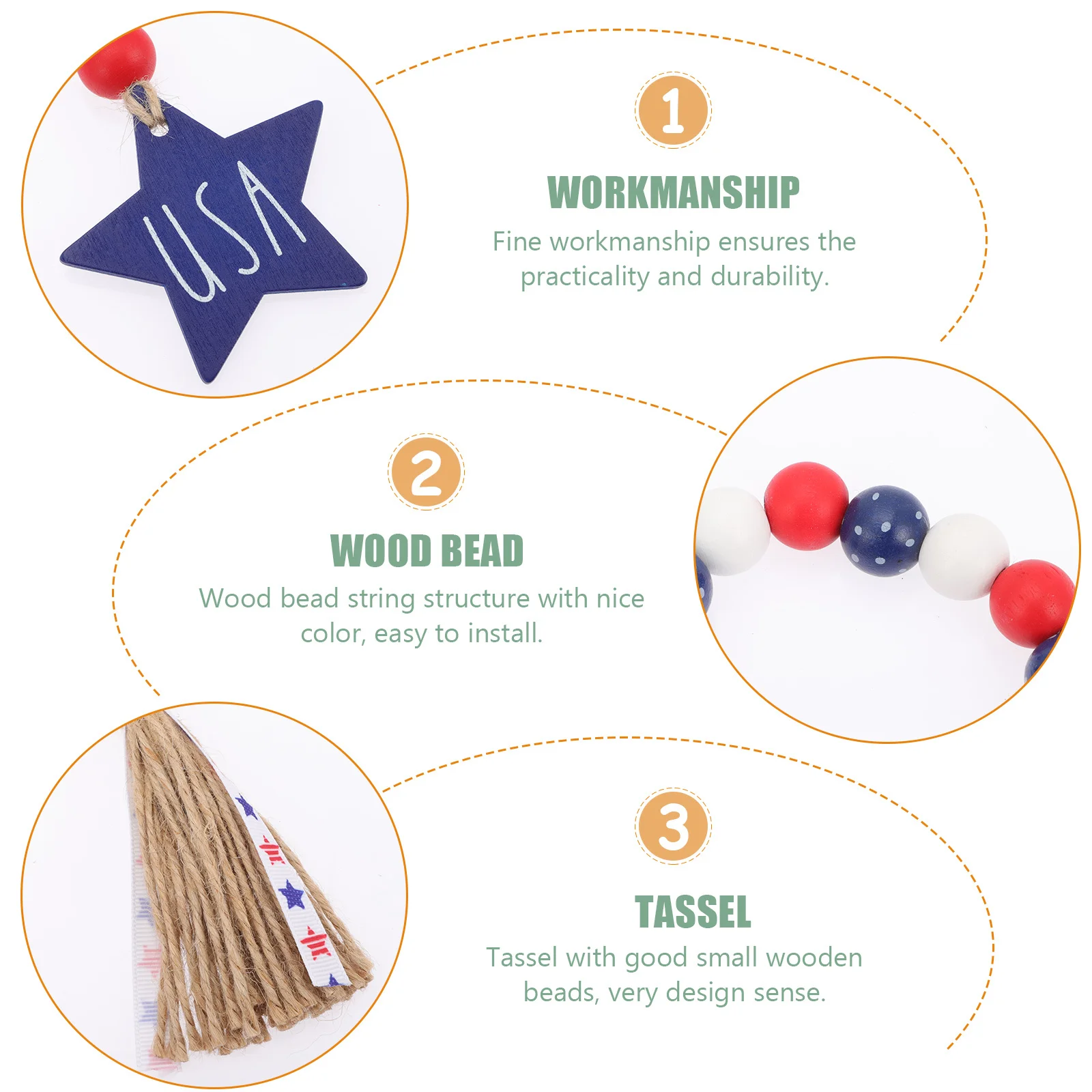 

Tassel Beaded Decor Wood Bead String Hanging Ornament Independence Day Home Festival Gift DIY Beaded String Hanging Decor