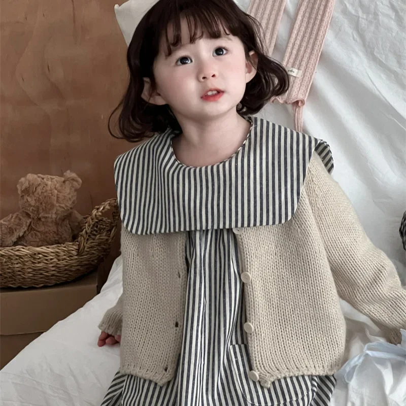 Coat  Autumn New Korean Children Coarse Round Neck Sweater Solid Color Knitting Cardigan Loose 2024 Simple Causal Versatile