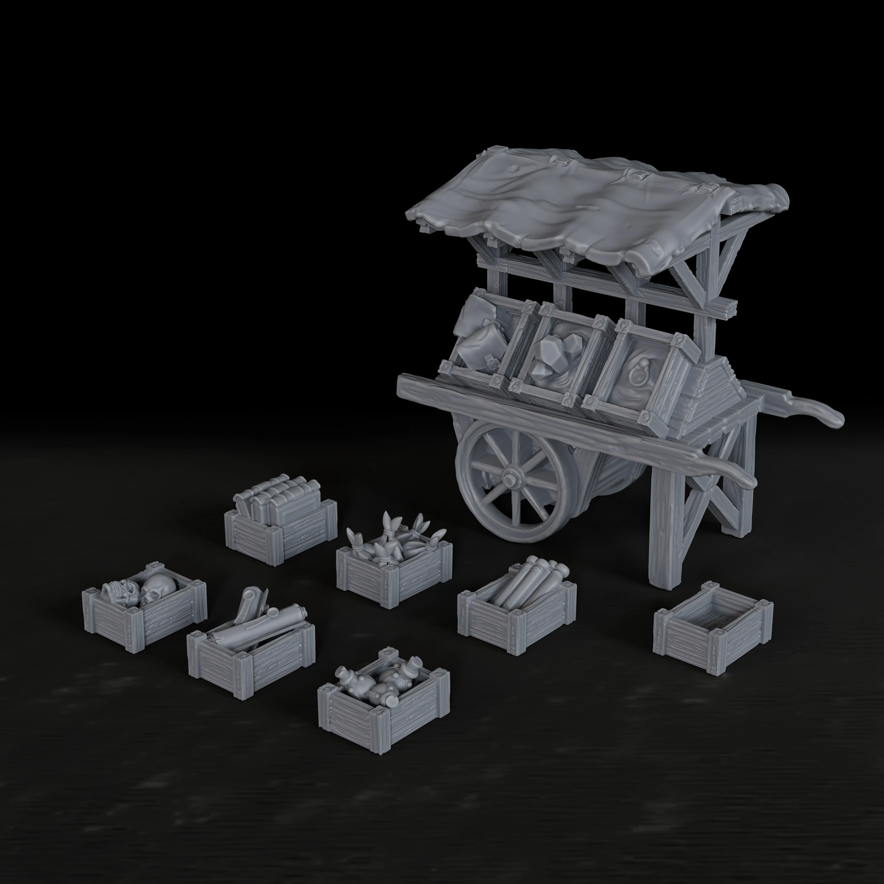 

Modular Street Market Cart Miniature Set for RPGs - Tabletop Fantasy Scene with Display Cart, Cargo Boxes & Canopy, Collectible