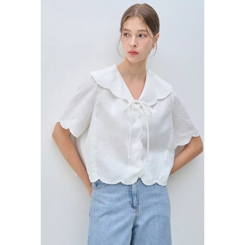 เสื้อผ้าผู้หญิง MICOAT รุ่น Summer 25 คอปกปักลายลูกไม้ แต่งขอบผ้าลินินทรงหลวม สองสี สไตล์ฝรั่งเศส แขนสั้นลำลอง