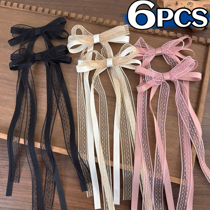 2/6pcs Long Lace Ribbon Bow Hair Clip for Women Sweet Champagne Bowknot Hairpins Korean Girls Bangs Side Barrettes Headwear