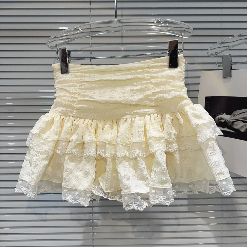 Falda de Ballet con Volantes y Encaje, Cintura Alta, Diseño de Capullo, Estilo Puro y Deseable, Falda Corta Tipo Pastel, Silu...