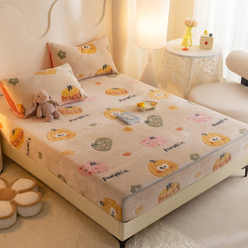 3pcs Flannel Fitted Sheet Cartoon Colorful Pumpkin Bedding Set Winter Warm Bed Sheet Set for Kids Teens Bedroom Decor Sheets