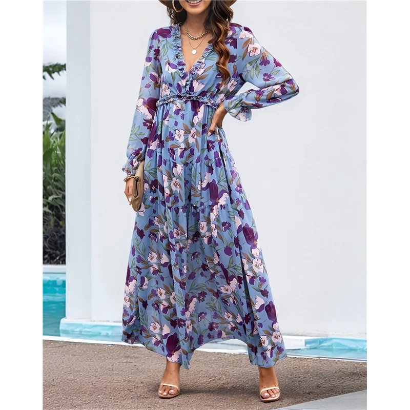 ASDS-Damska codzienna sukienka boho z głębokim dekoltem w serek i długim rękawem