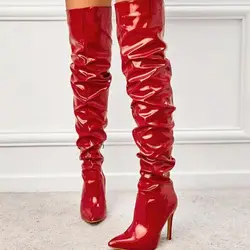 Red Women Over The Knee Boots High Heels Patent Leather Solid Pointed Toe Stiletto Side Zipper Sapatos Femininos