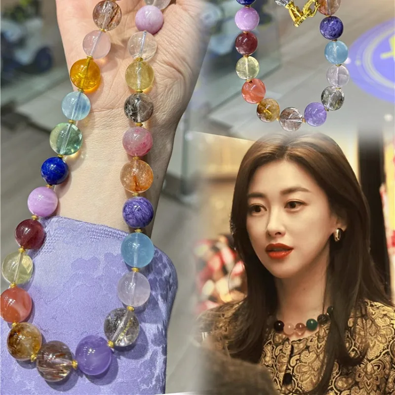 

Изысканное ожерелье из натурального кристалла с несколькими сокровищами, аквариновое круглое ожерелье из бисера для женщин, модные ювелирные изделия с амулетом на удачу
