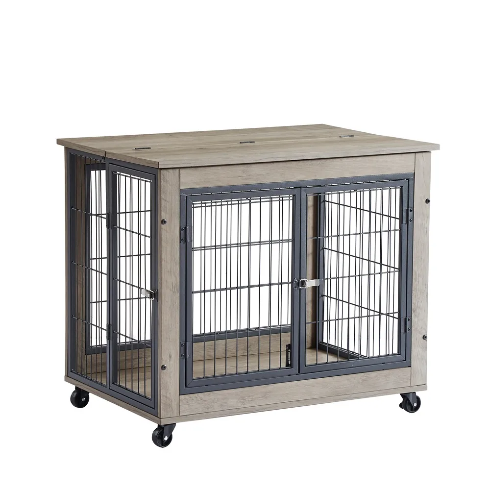 Furniture Dog Cage Crate with Double Doors on Casters. Grey, 31.50'' W X 22.05'' D X 24.8'' H. Doghouse Dog Crate