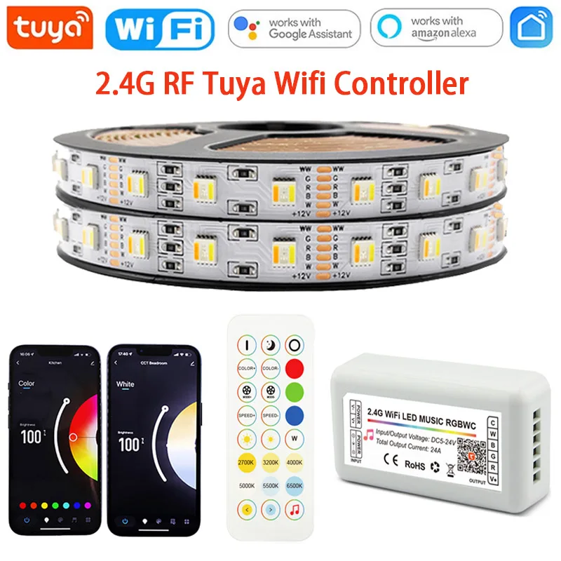 

DC24V Tuya Wifi 5050 5in1 RGBCCT LED Strip Smart Control Room Lights Decor 2.4G RF Remote Control for Alexa Google Home 5M-20M