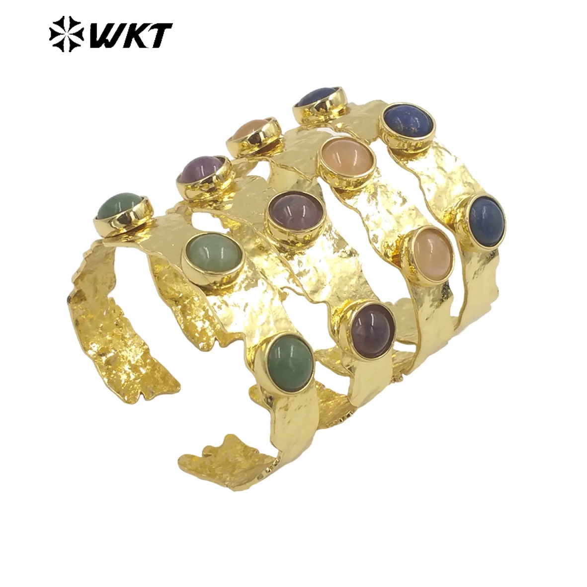 

WT-B633 WKT New exclusive design Triple natural Amethyst quartz stone open cuff bangle Lady gold bezel delicate stone bangle