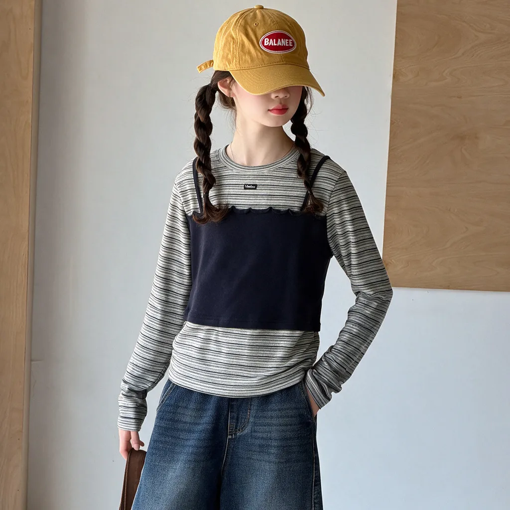 Girls Fake Two-piece T-shirt Long Sleeve Stripe Spliced Camisole Design Children Tops 2026