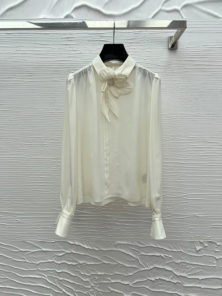 

Весенне-летняя модная бежевая тонкая шелковая повседневная блузка с одной застежкой, воротником-стойкой, аппликациями и рукавами-фонариками для женщин