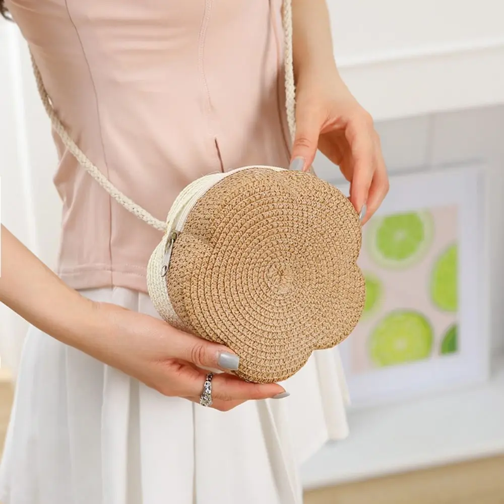 Borsa a tracolla piccola in paglia Kawaii fata per le vacanze Borsa in paglia da spiaggia bohémien Borsa a tracolla in tessuto casual a forma di fiore per bambini