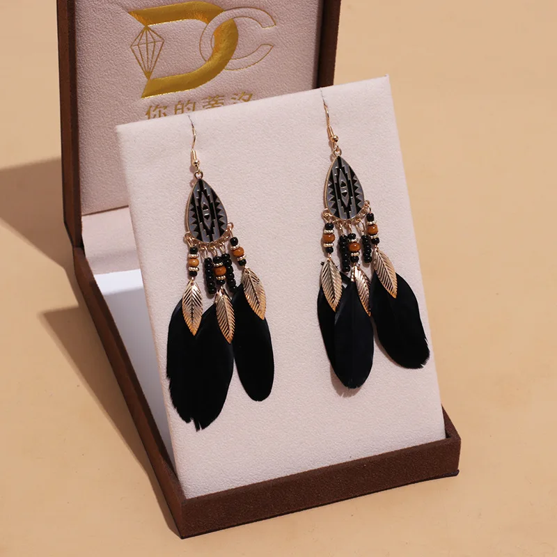 Bohemian Ethnische Lange Feder Ohrringe Boho Wasser Tropfen Gold Farbe Kette Quaste Ohrringe für Frauen Braut Hochzeit Schmuck – Detail 19