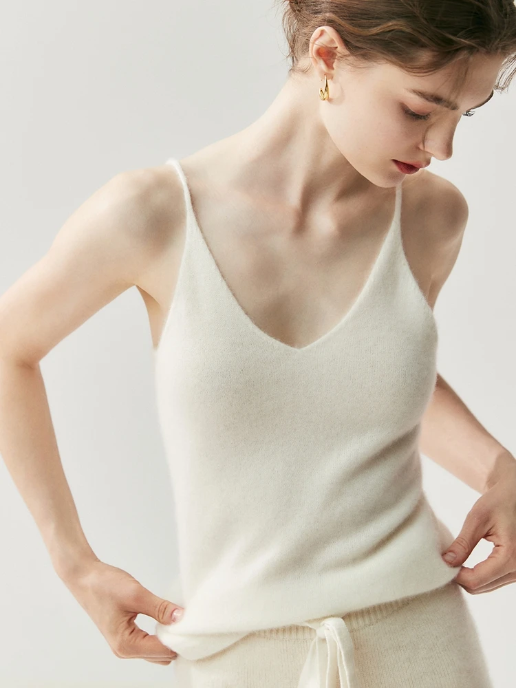 

Women Seamless Sweater Cashmere Vest Thin Shoulder Strap V-neck Pullover Sleeveless 100% Cashmere Knitwear Autumn Winter Clothes