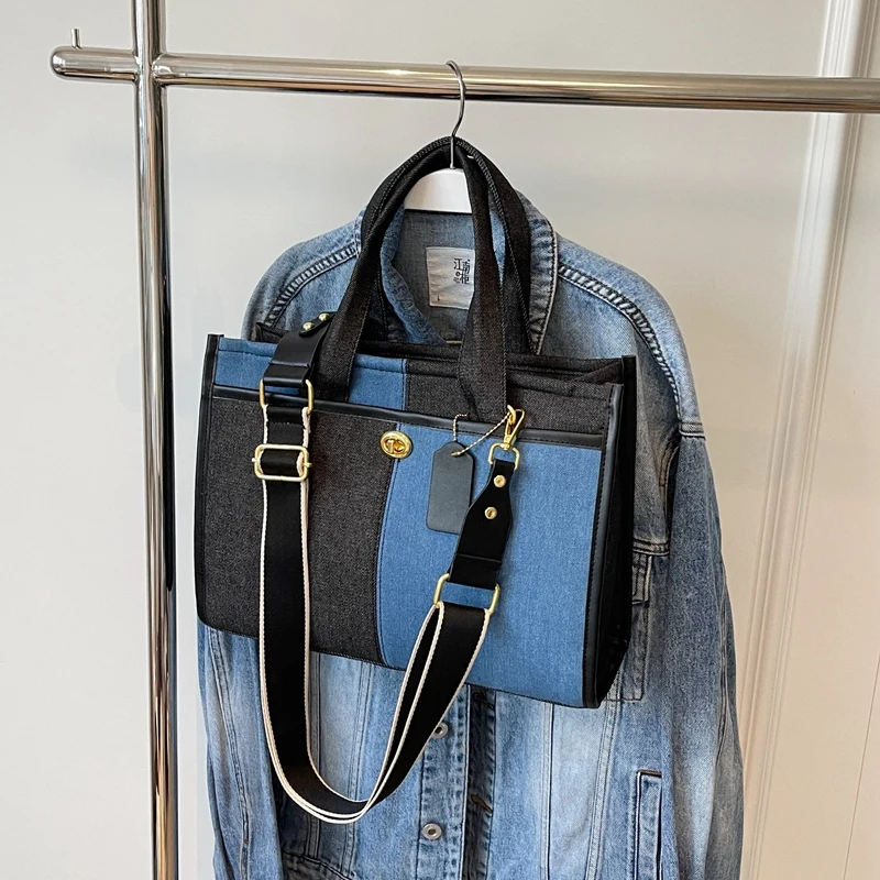 Large capacity handbag for women in 2024, new fashionable patchwork denim work and commuting bag, broadband crossbody tote bag