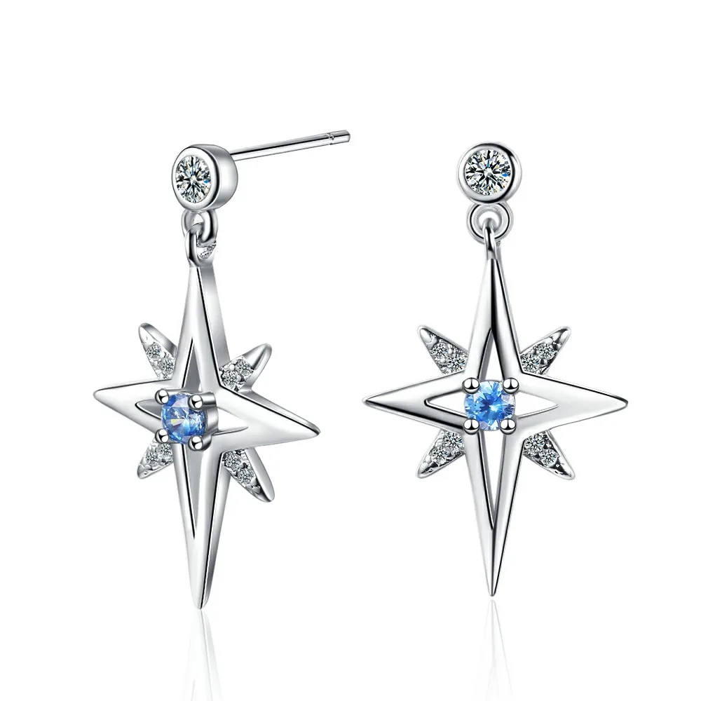 Real 925 Sterling Silver Fashion Charm Star Blue CZ Stud Earrings For Women Wedding Party Fine Jewelry DS559