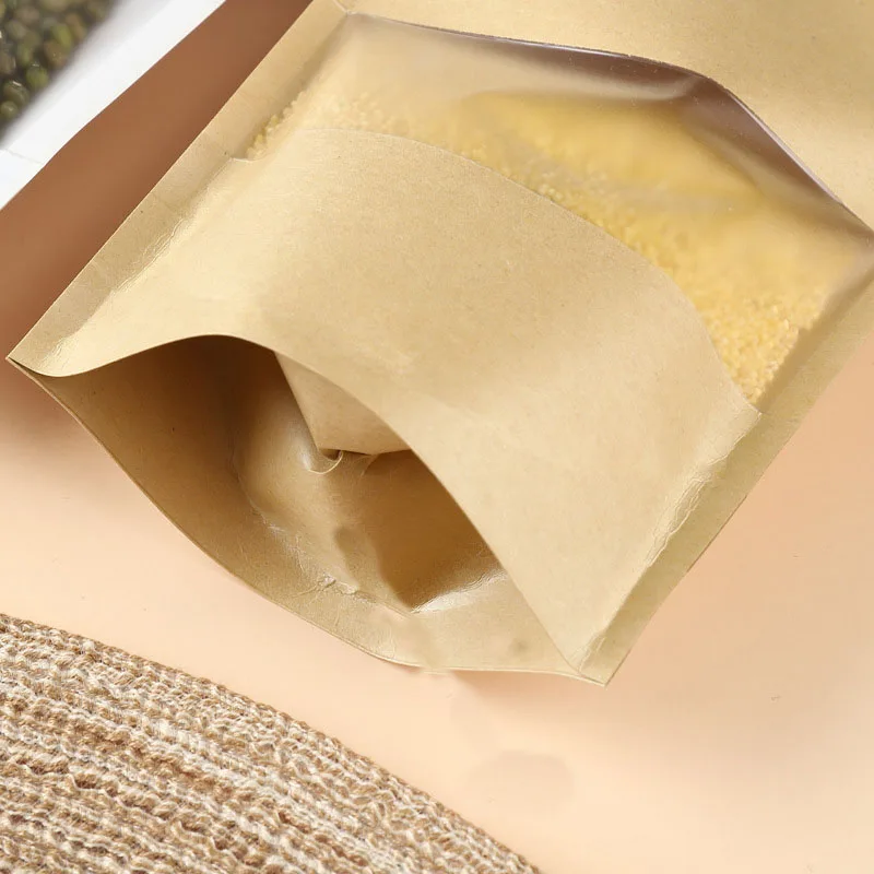 100pcs Matte Window Zip Lock Kraft Paper Bags Doypack Reclosable Coffee Bean Tea Food Packaging Stand Up Pouches with Tear Notch