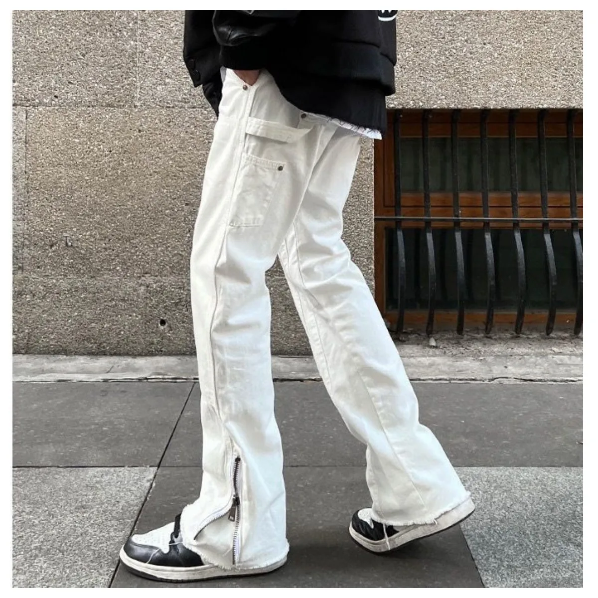 High Street Punk Style Zipper Split Jeans Men's Hip Hop Fashion Brand Loose Straight Barrel American Work Wear Micro Horn Pants