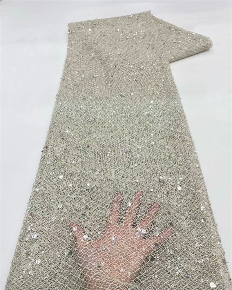 

Luxury Bead Tube Embroidery African Lace Fabric High Quality French Sequined Tulle Fabric For Nigerian Wedding Party