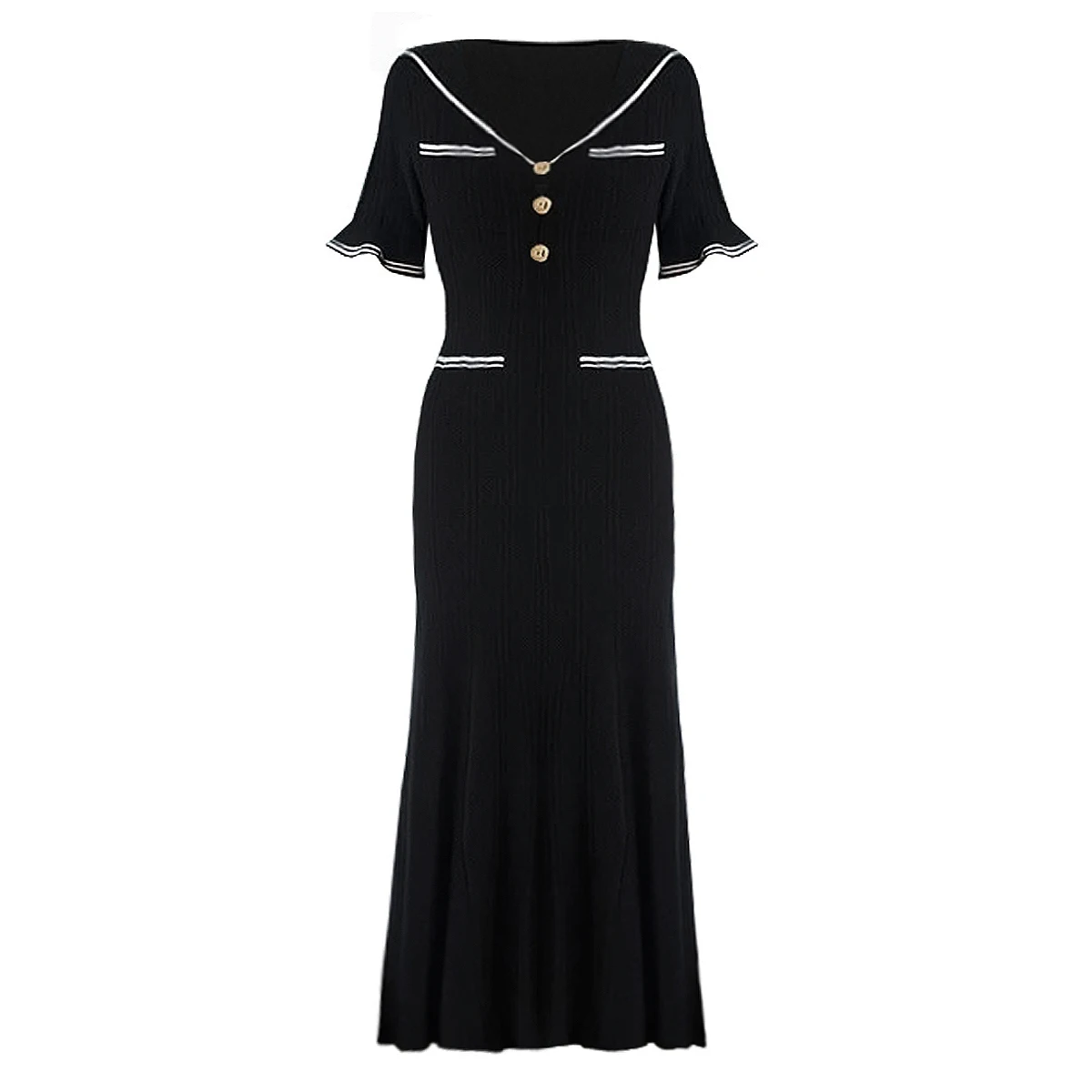 

High Quality Spot Spring And Summer New Fashionable Elastic Knitted Collar Slim Fit Ruffle Edge Short Sleeved Women's Dress