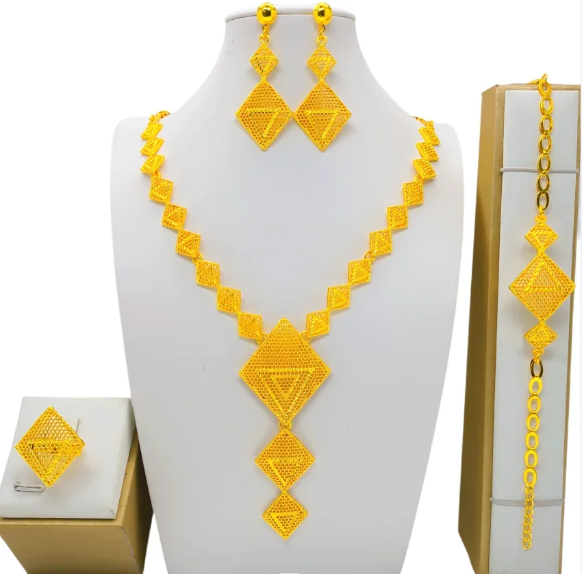 Dubai Gold Color Jewelry Set Double Layered Necklace Big Pendant Sets For Women African Bridal Wedding Party Jewellery Gifts