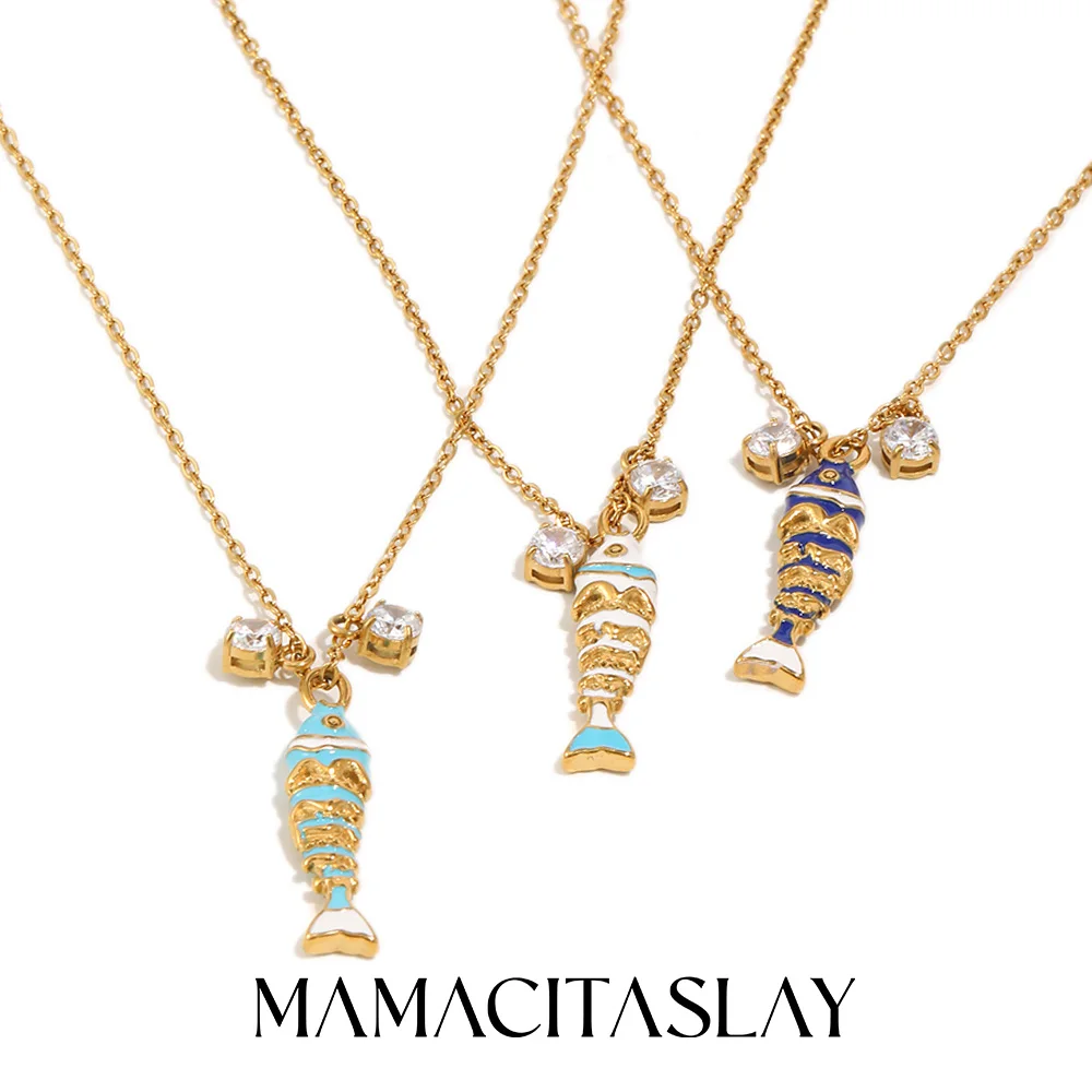 MamacitaSlay Halskette aus 316L-Edelstahl mit Emaille-Fisch und Zirkon, 18 Karat vergoldet, wasserdicht, Halsschmuck für Frauen, Boho-Strandgeschenke
