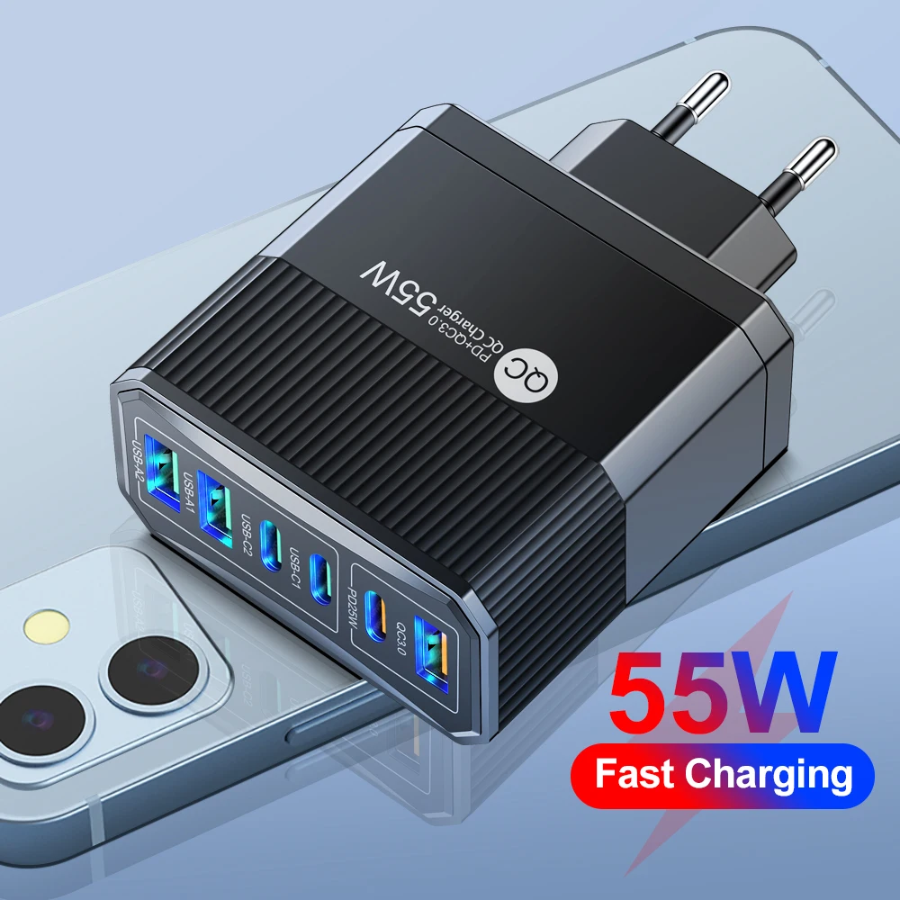 55W 6 Port USB Type C Fast Charging Wall Charger Korean Plug