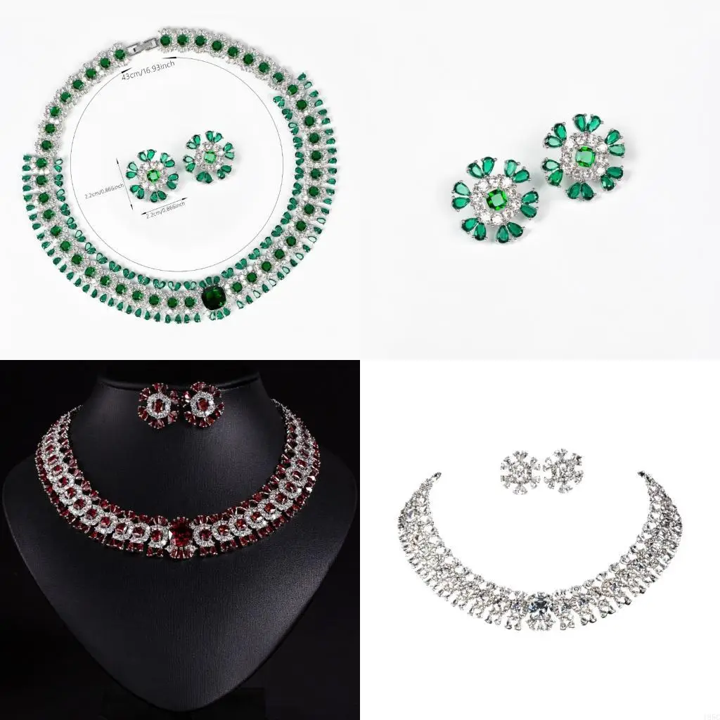 195C Elegant Flower Jewelry Set Beautiful Crystal Necklace Studs Earrings Suitable for Layering and Enhancing Evening Outfit