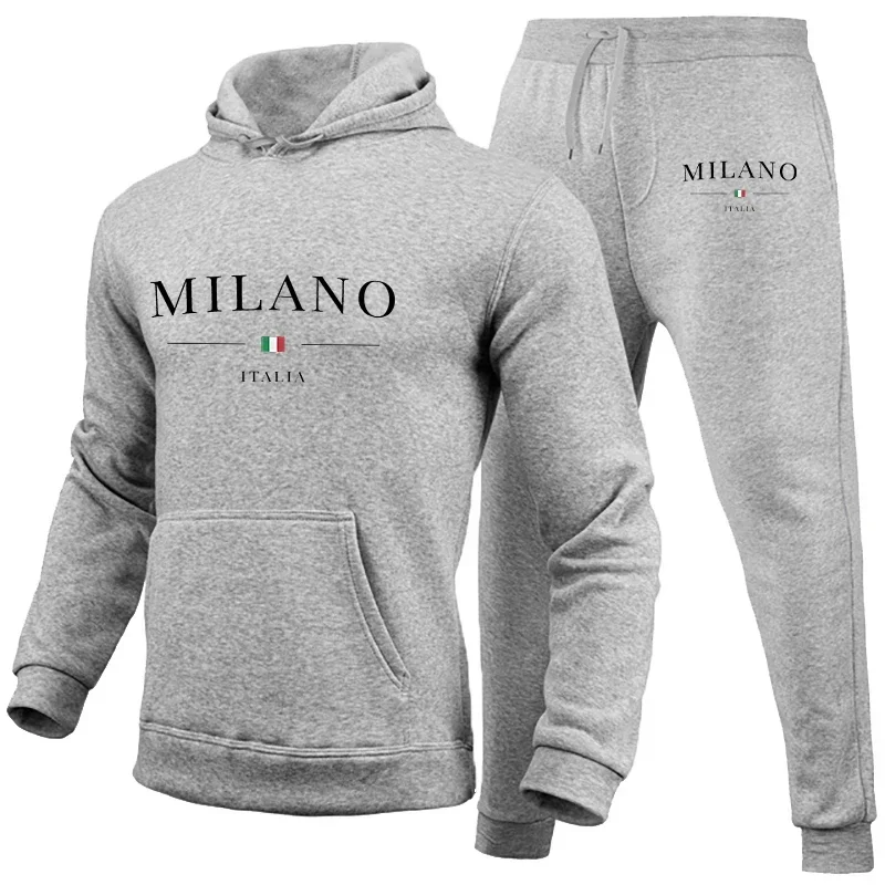 Men\'s Luxury Hoodie Set Milano Print Sweatshirt Sweatpant for Male Hooded Tops Jogging Trousers Suit Casual Streetwear Tracksuit