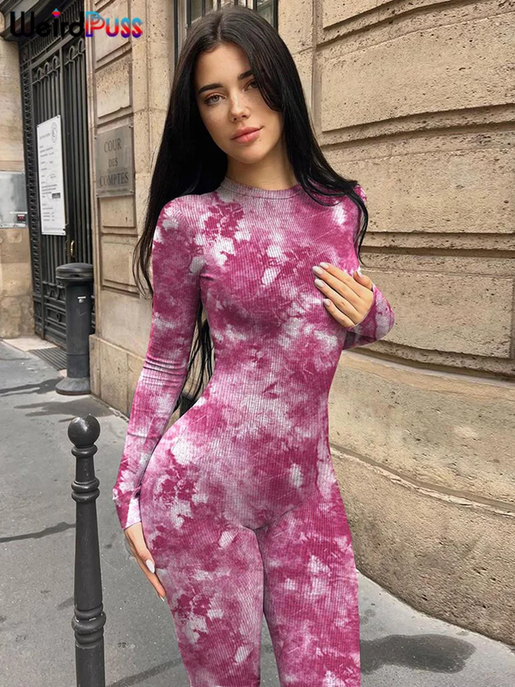 Weird Puss Ribbed Tie-dye Jumpsuit Women Autumn Irregular Print Sporty O-neck Full Sleeve Daily Skinny Casual Trend Streetwear