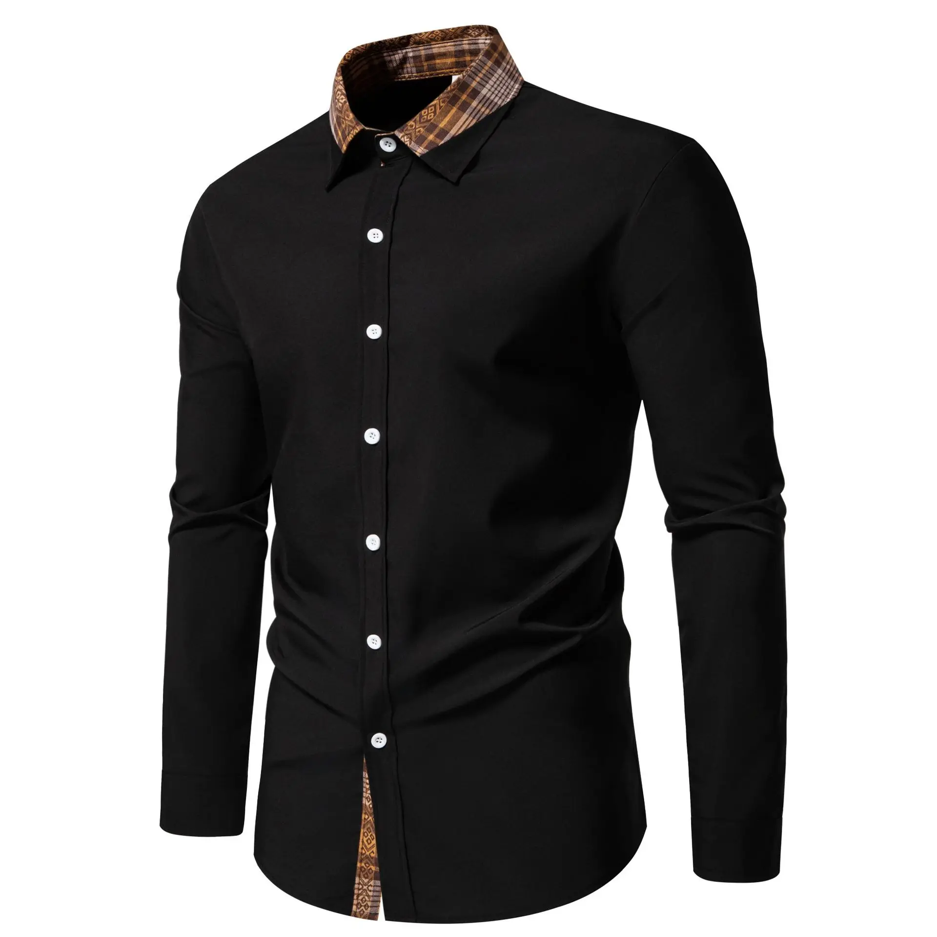 Men's Cotton Solid Color Shirts Long Sleeve Plaid Contrast Patchwork Social Casual Dress Shirt Elegant Men Clothing