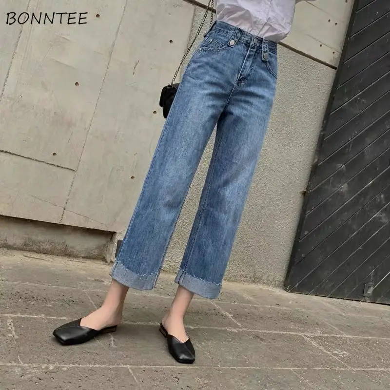 

Jeans Women Straight High Waist Loose Ankle-length All-match Casual Feminine Teens Washed Vintage Trousers Cuffs Autumn BF New