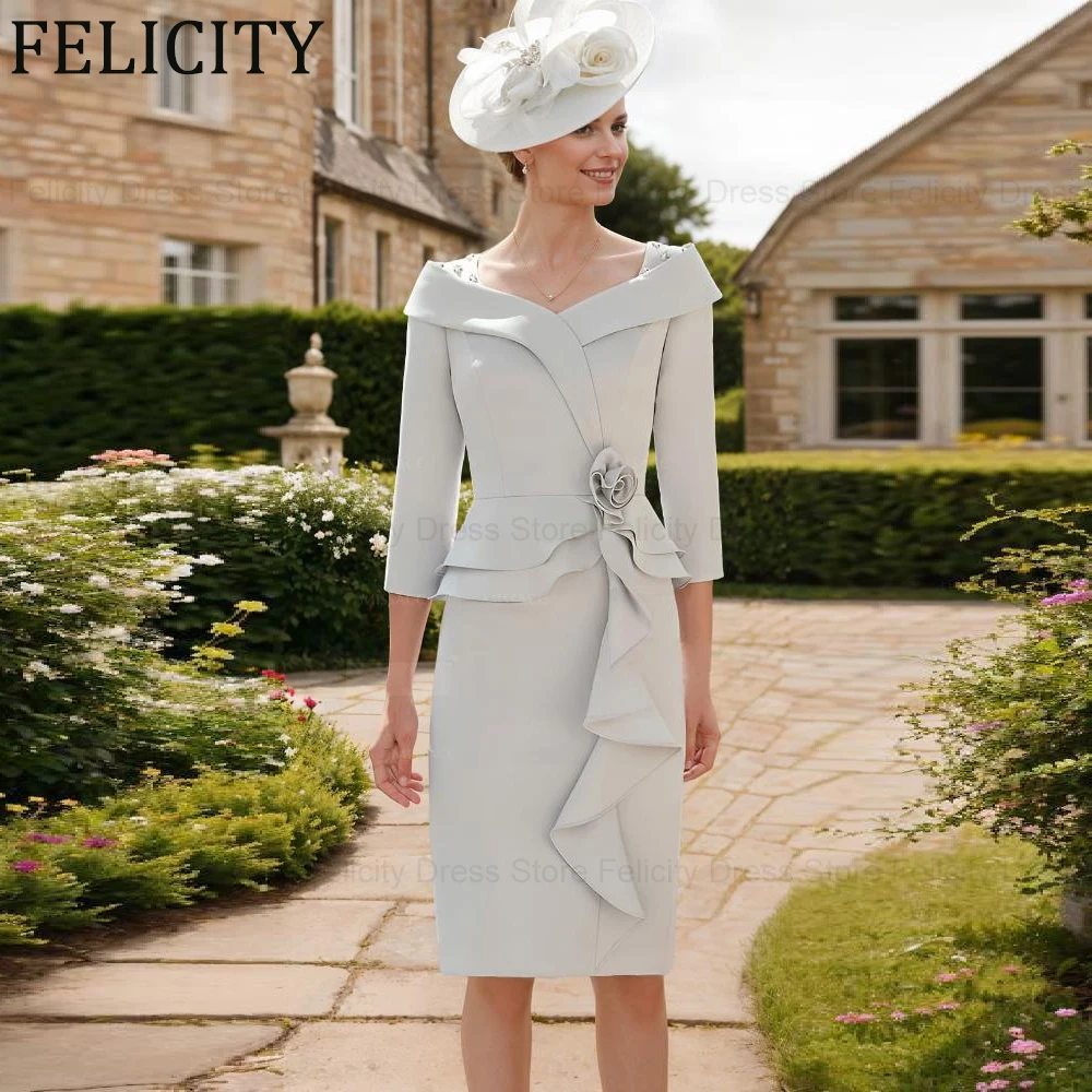 

FELICITY Elegant Mother of the Bride Dresses Customized Sheath Short Formal Wedding Guest Party Dresses 3D Flower Evening Gowns