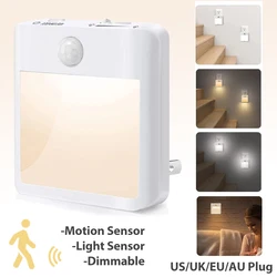 2 in 1 Motion Sensor Night Lights US EU UK AU Plug Dimmable LED Warm White Ambient Light Bedroom Living Toilet Stairs Kitchen