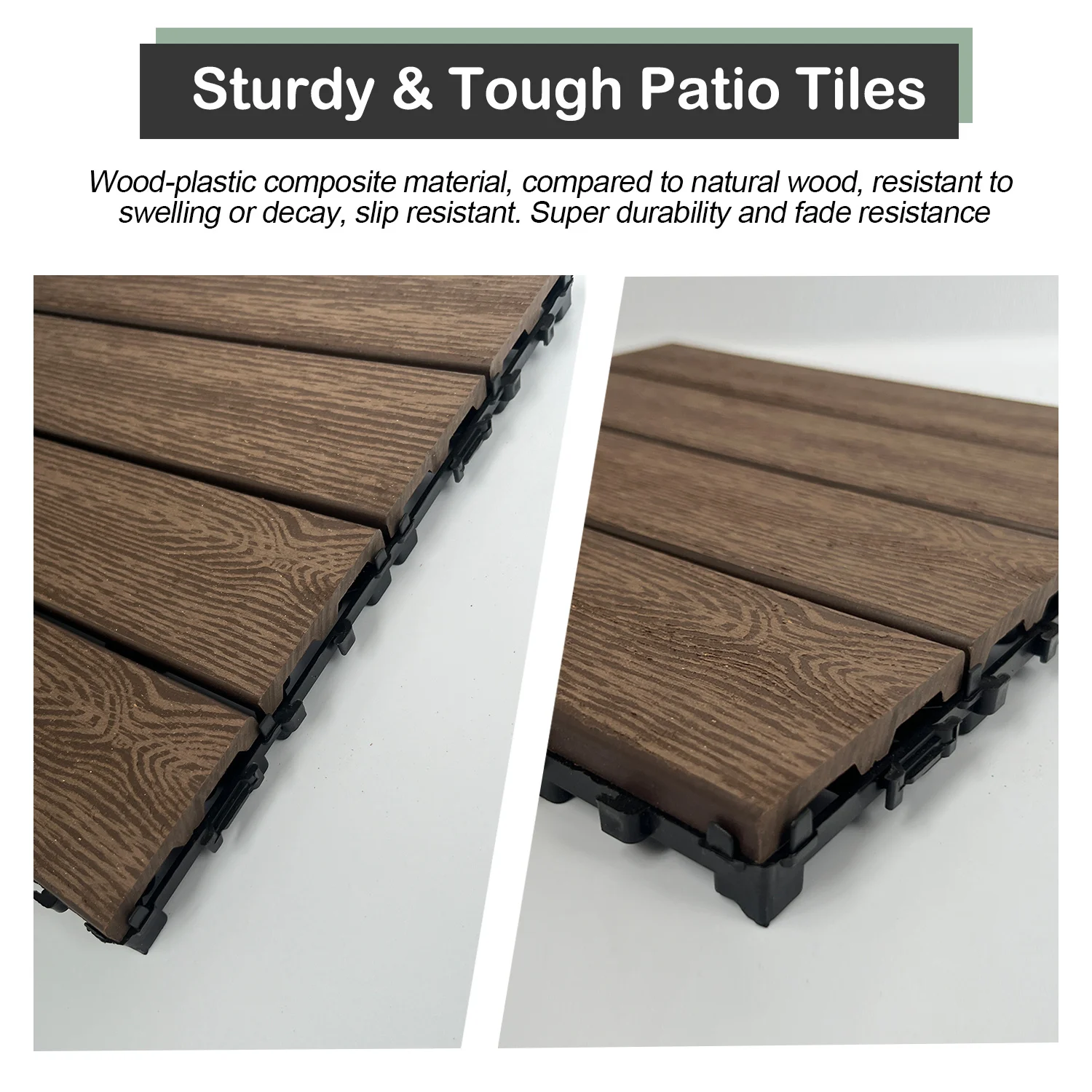 Wood Plastic Composite Deck Tiles Set of 20pcs, DIY Interlocking Decking Tiles, Floor Tile, Durable, Maintenance, Waterproof, In