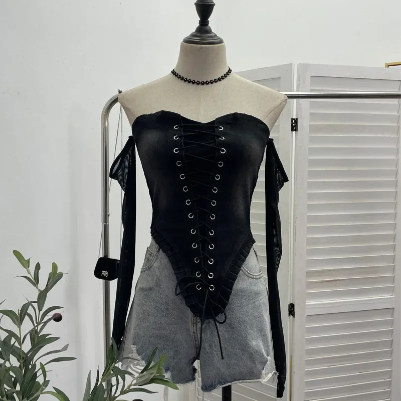 Frauen Sexy Liebsten Pilz Rüschen Denim Top Unregelmäßige Patchwork Mesh Lace Up Kurze T-shirt Partyclub Ätherisches Streetwear 6105